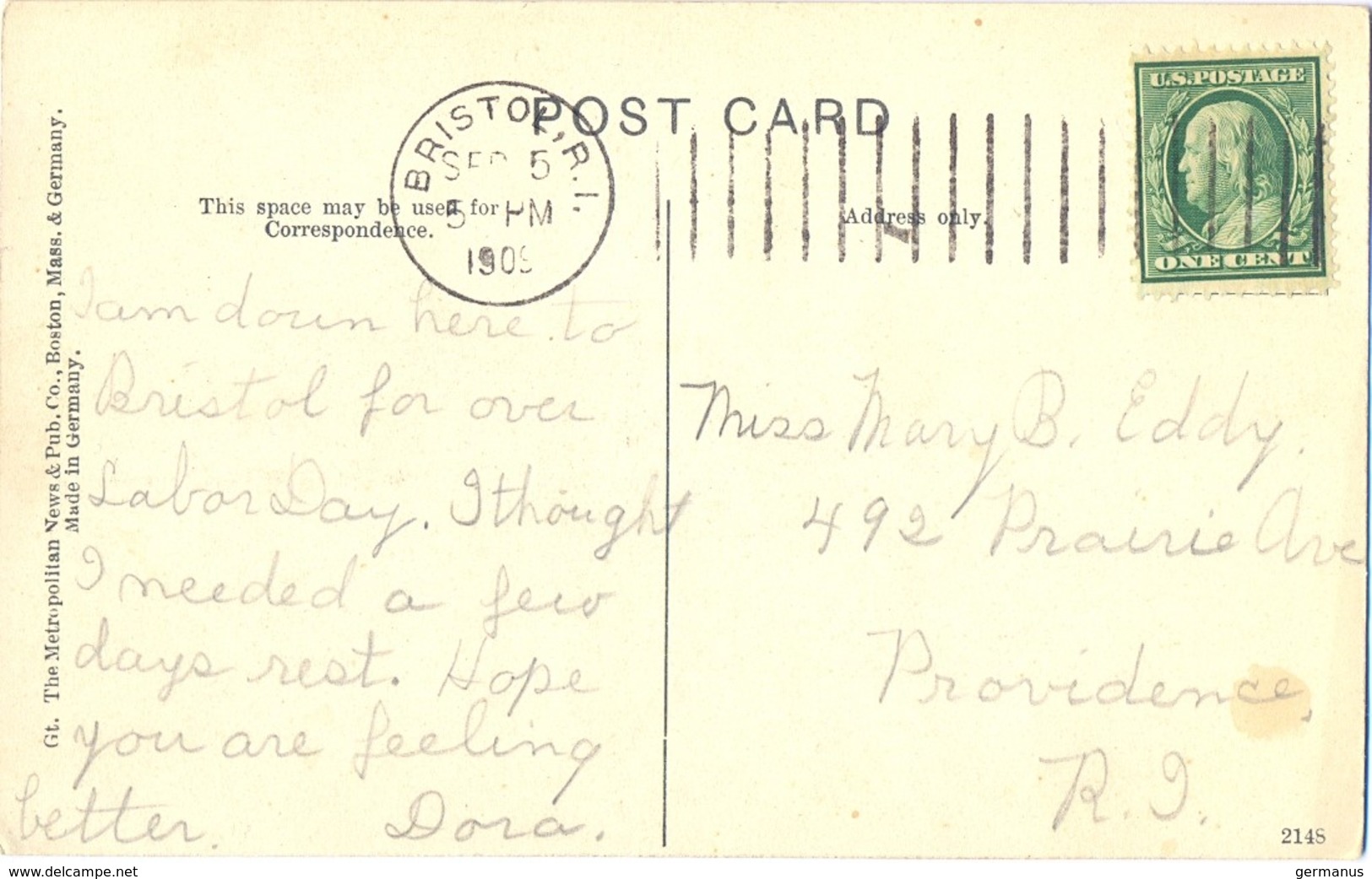 ETATS-UNIS BRISTOL Oblitération Mécanique 19 Barres Verticales De 15mm  - SEP 5 1909 CP => PROVIDENCE RHODE ISLAND - Lettres & Documents