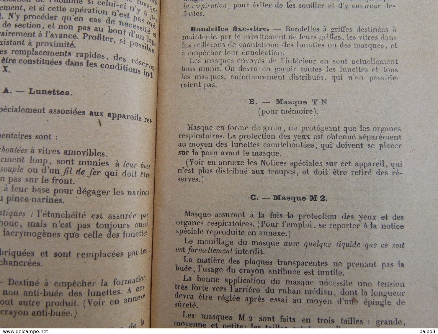 manuel note sur la protection contre les gaz asphyxiants M2 Masque TN LTN TNH Tissot daté 1917