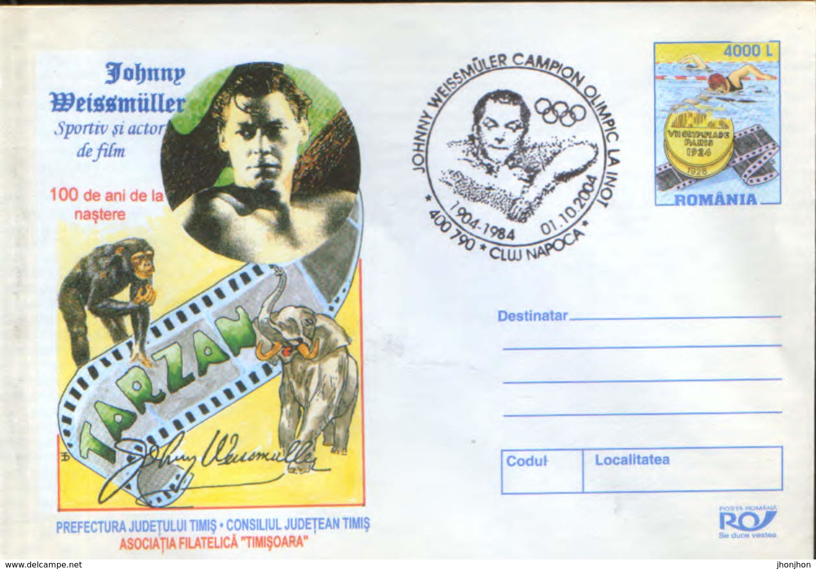 Romania - Stationery Cover 2004 - Johnny Weissmuller, 100 Years From Birth, Winner Of 5 Olympic Gold Medals At Swimming - Summer 1924: Paris