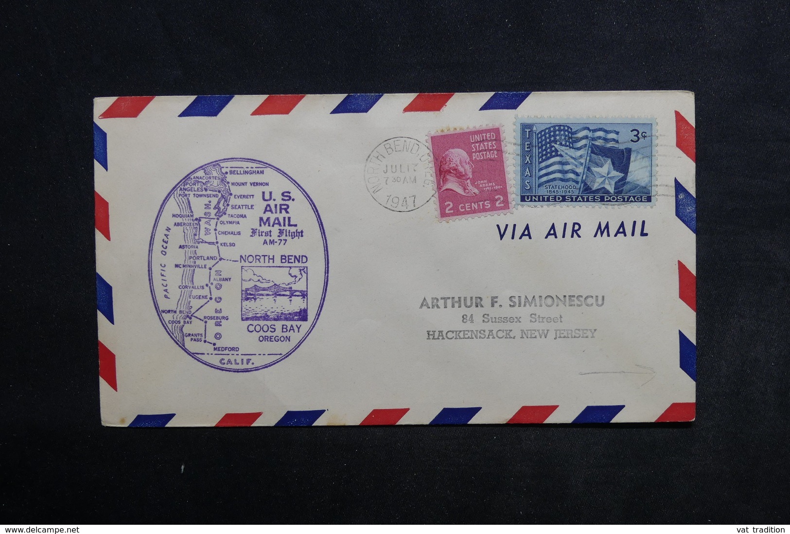 ETATS UNIS - Enveloppe 1er Vol De North Bend En 1947 , Cachet Plaisant - L 33929 - Marcofilia