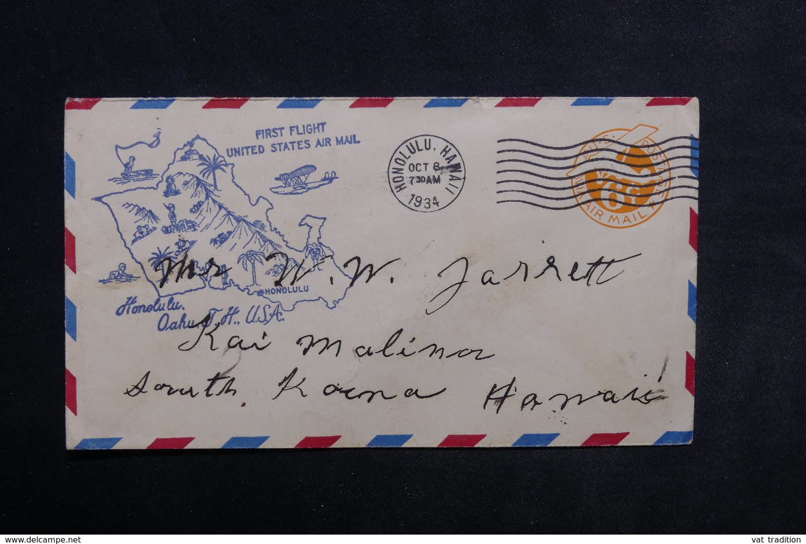 ETATS UNIS - Entier Postal 1er Vol Honolulu / USA En 1934 , Cachet De Ligne Plaisant - L 33937 - Marcofilia