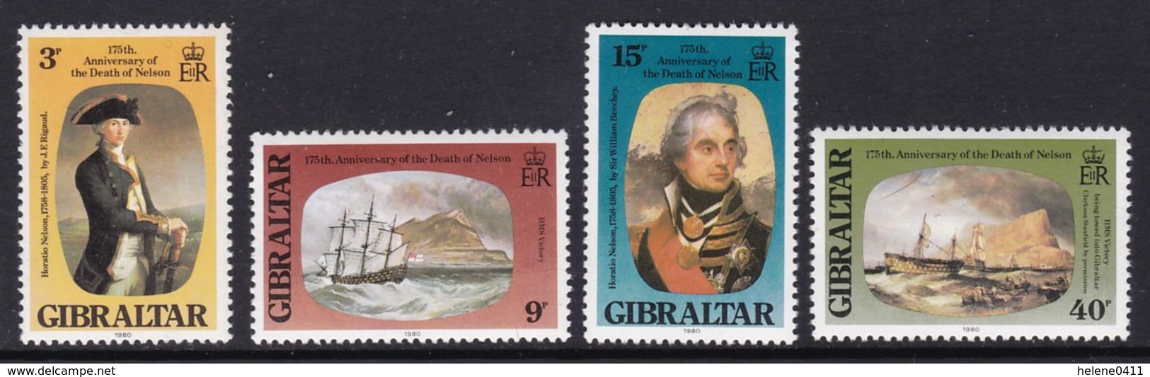 SERIE NEUVE DE GIBRALTAR - 175E ANNIVERSAIRE DE LA MORT DE L'AMIRAL NELSON (PEINTURES DIVERSES) N° Y&T 411 A 414 - Militaria