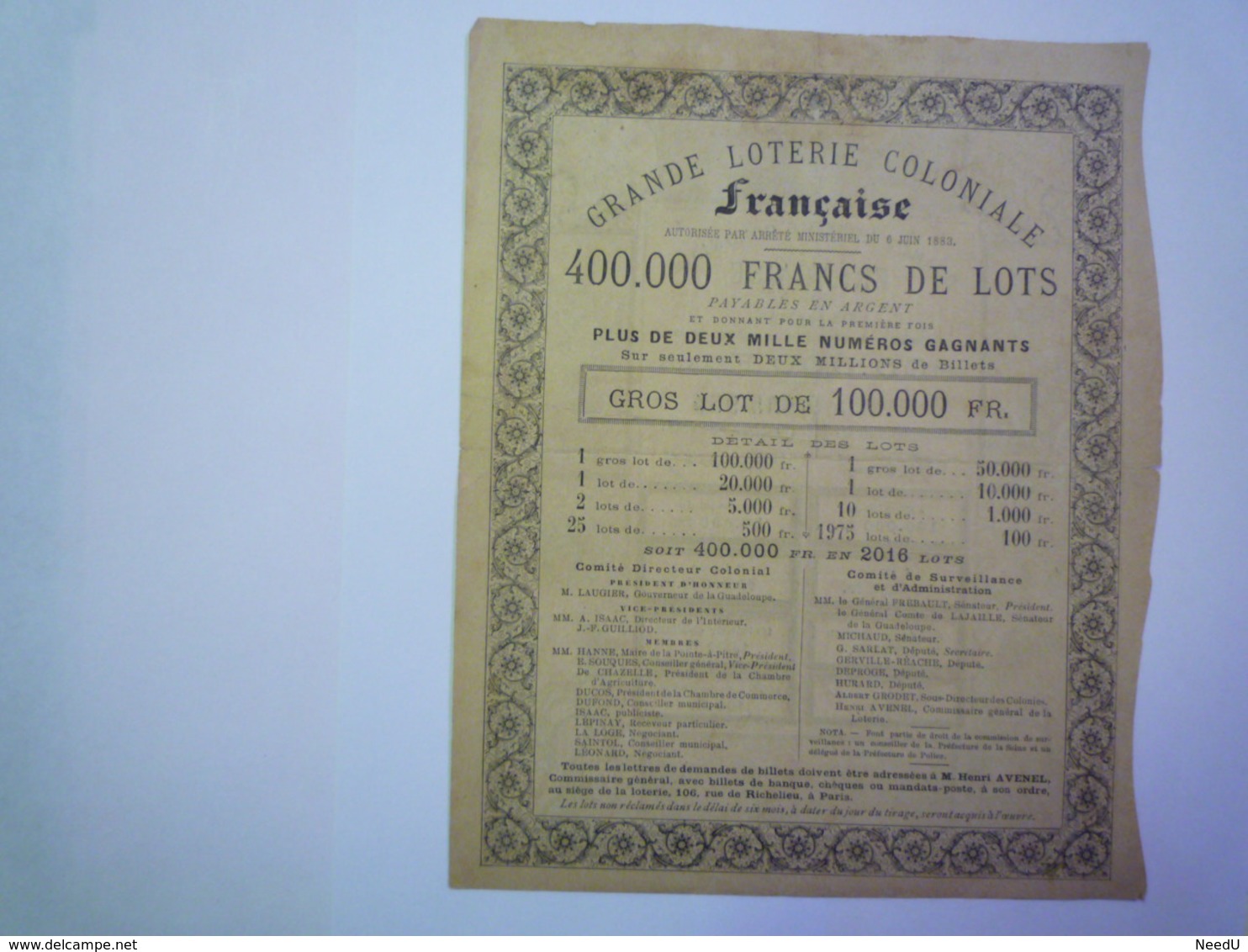 GP 2019 - 1661  Grande LOTERIE Coloniale Française  :  SUPERBE Billet De Loterie   XXX - Lottery Tickets