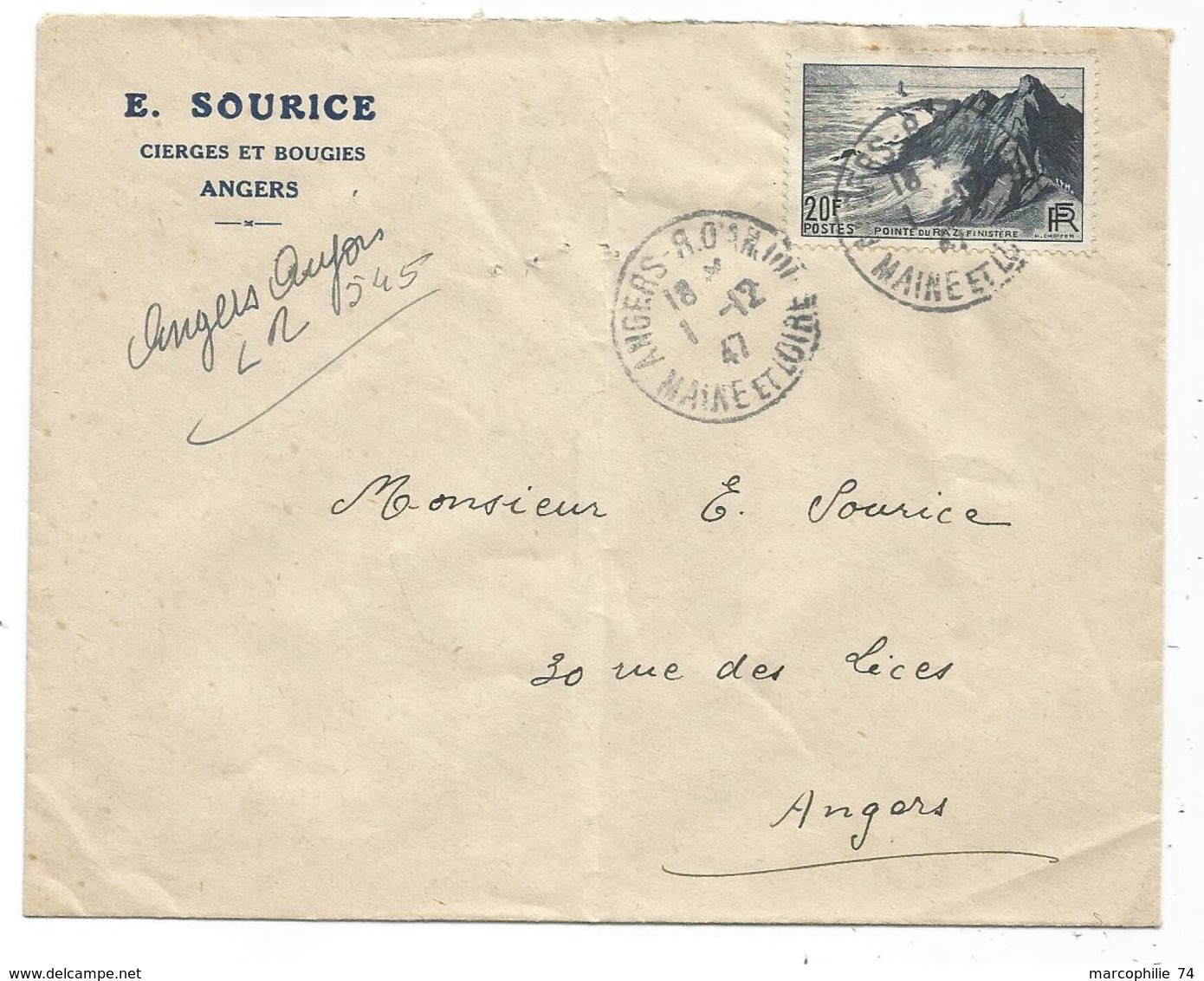 N° 764 LETTRE REC PROVISOIRE MENTION MANUSTCRITE ANGERS ANJOU 1.12.1947 MAINE ET LOIRE - 1921-1960: Modern Period