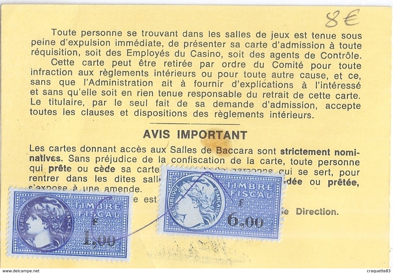 CASINO DE TROUVILLE -CARTE A LA JOURNEE - N°026806  SALLE DE BACCARA ,ROULETTE,BLACK-JACK -23/7/78   TIMBRES FISCAUX 2 - Altri & Non Classificati