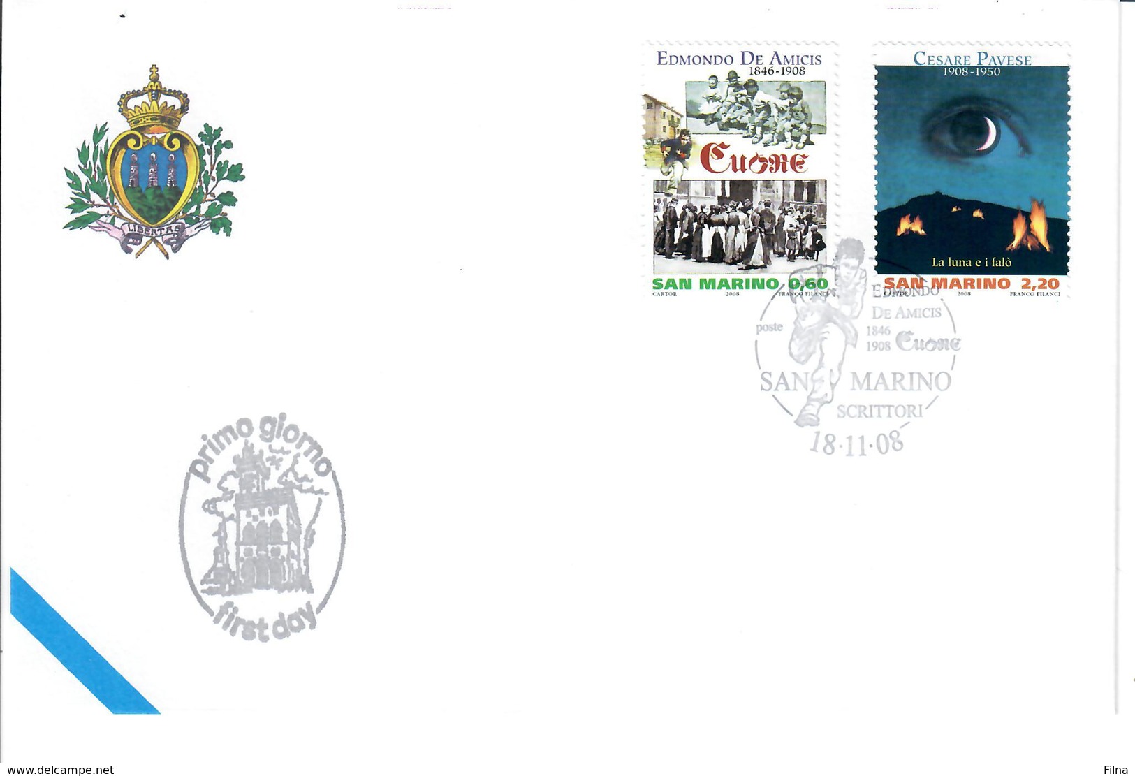 SAN MARINO 2008 - SCRITTORI - DE AMICIS E PAVESE SU  FDC - Usati