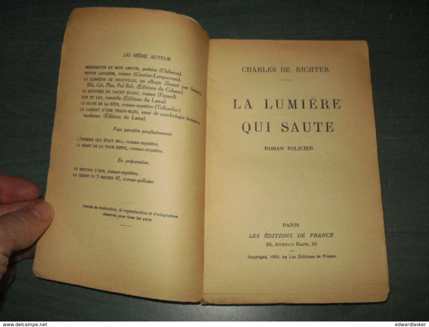 Coll. A NE PAS LIRE LA NUIT : La Lumière Qui Saute //Charles De Richter - Editions De France 1933 - Autres & Non Classés