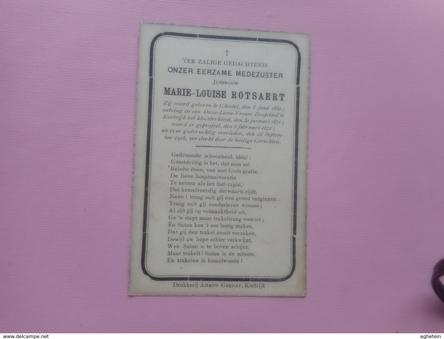 D.P.-ZUSTER MARIE-LOUISE ROTSAERT°GISTEL 5-6-1850+25-9-1918 O.L0V.HOSPITAAL KORTRIJK WAAR ZE GEWIJD EN GEPROFEST WAS - Religion & Esotérisme