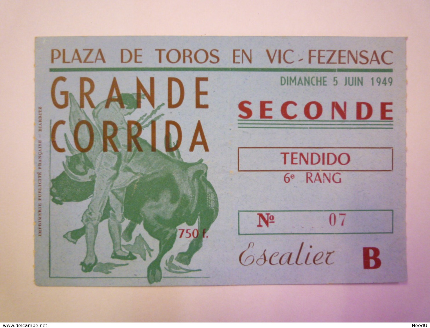 GP 2019 - 1677  Plaza De TOROS En VIC-FEZENSAC  :  TICKET D'entrée Pour La GRANDE CORRIDA   1949  XXXX - Tickets D'entrée