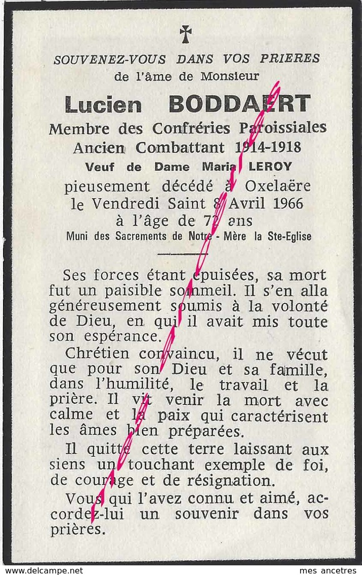 En 1966 Oxelaêre- (59) Lucien BODDAERT Confréries Paroissiales-ancien Combattant Guerr 1914 - Décès