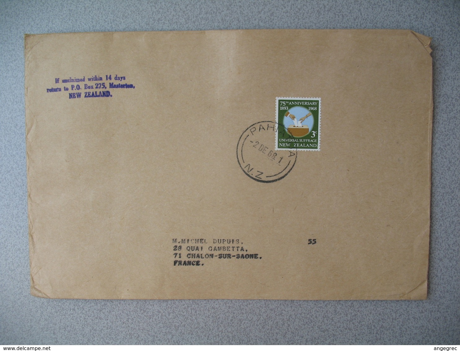 Nouvelle-Zélande Pahiatua  1968   Lettre  pour La France - New Zealand Cover Timbre Sufrage Universel Universal Suffrage - Storia Postale