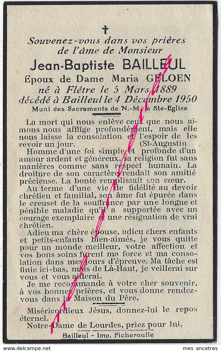 En 1950 Flètre Et Bailleul- (59)  Jean Baptiste BAILLEUL Ep Marie GELOEN - Décès