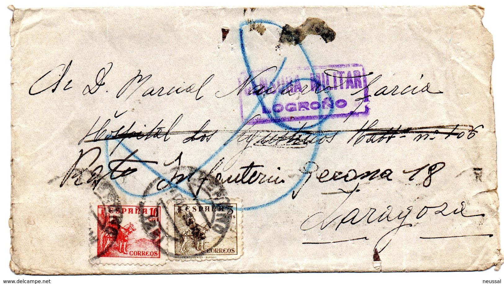 Carta Con Censura Militar Logroño De 1939 Y Matasello Rodillo Por Detras Zaragoza. - Cartas & Documentos