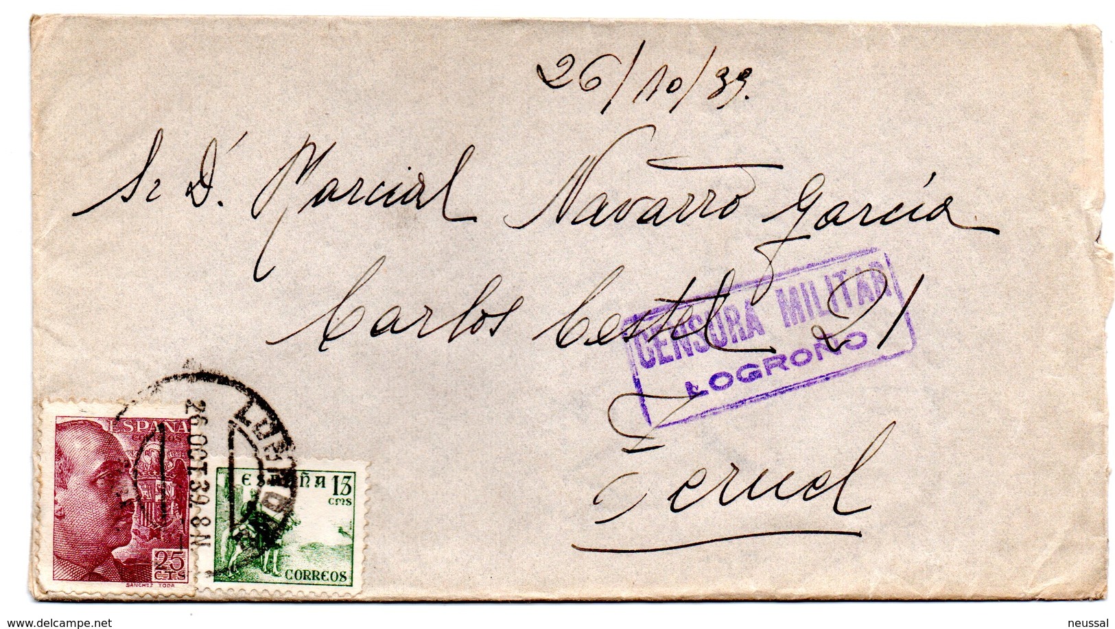 Carta Con Censura Militar Logroño De 1939.- - Cartas & Documentos