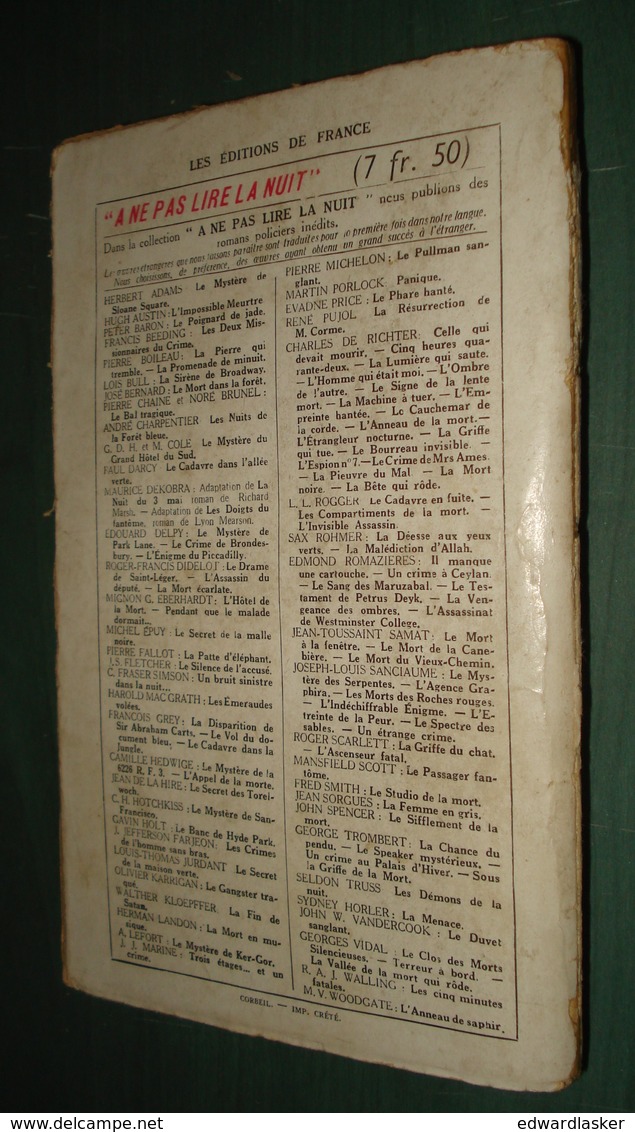 Coll. A NE PAS LIRE LA NUIT N°105 : La Bête Qui Rôde //Charles De Richter (Mark-Cross) - Editions De France 1937 - Autres & Non Classés