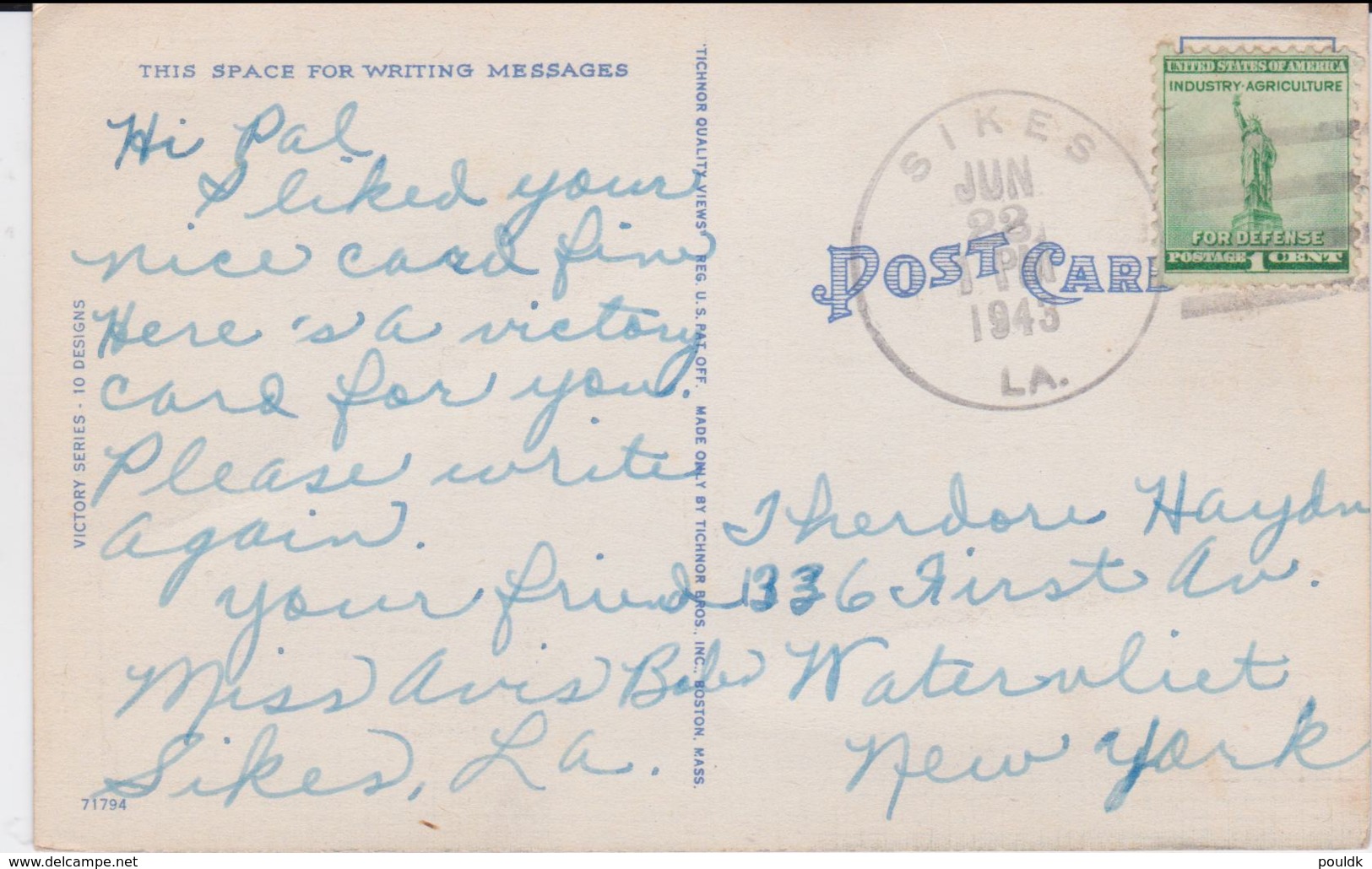 Postcard Victory Is Our Goal Posted Sikes, LA 1943 (G56-91) - Other & Unclassified