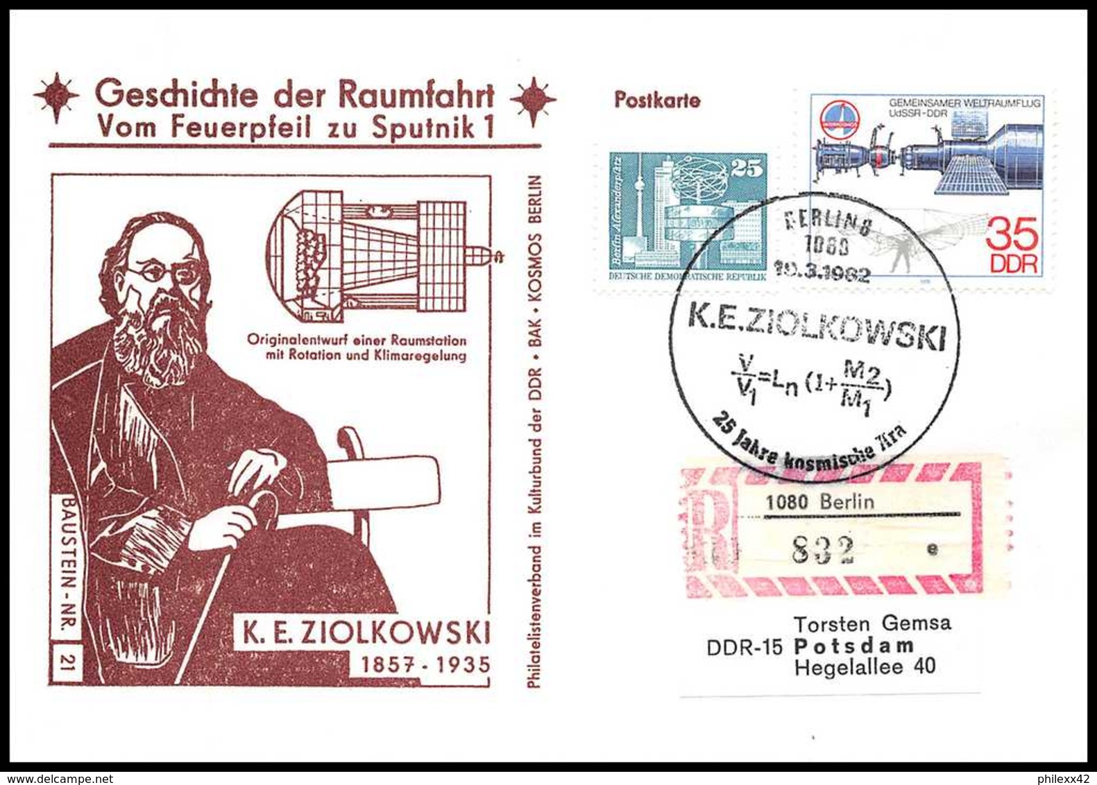 8982/ Espace (space) Lettre Cover 19/2/1982 Ziółkowski Geschichte Der Sputnik Spoutnik 1 Allemagne (germany DDR) - Europe