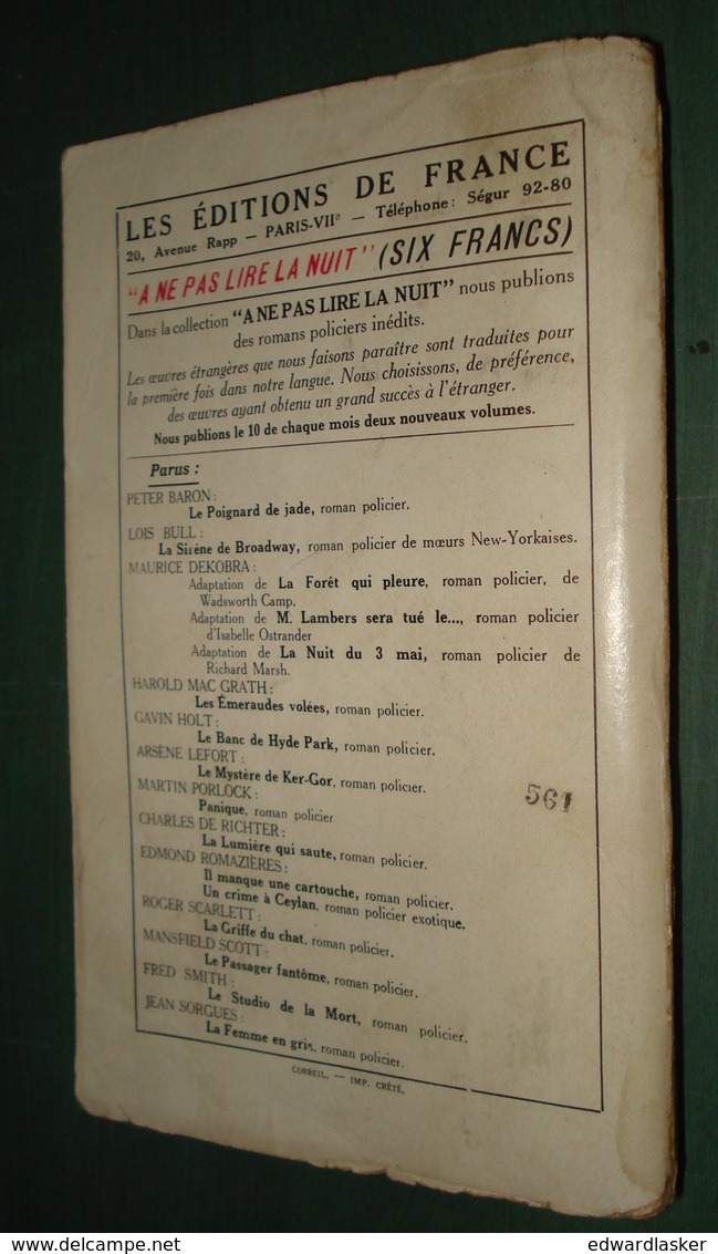 Coll. A NE PAS LIRE LA NUIT : Le Studio De La Mort //Fred Smith - Editions De France 1933 - Autres & Non Classés