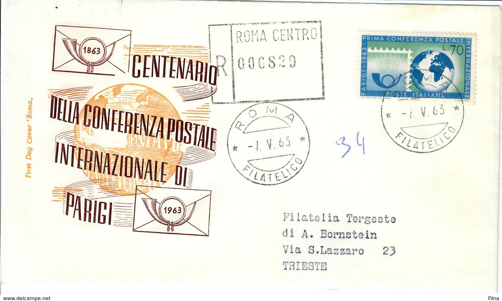 ITALIA 1963 - 100° CONFERENZA POSTALE INTERNAZIONALE PARIGI  - FDC - FDC