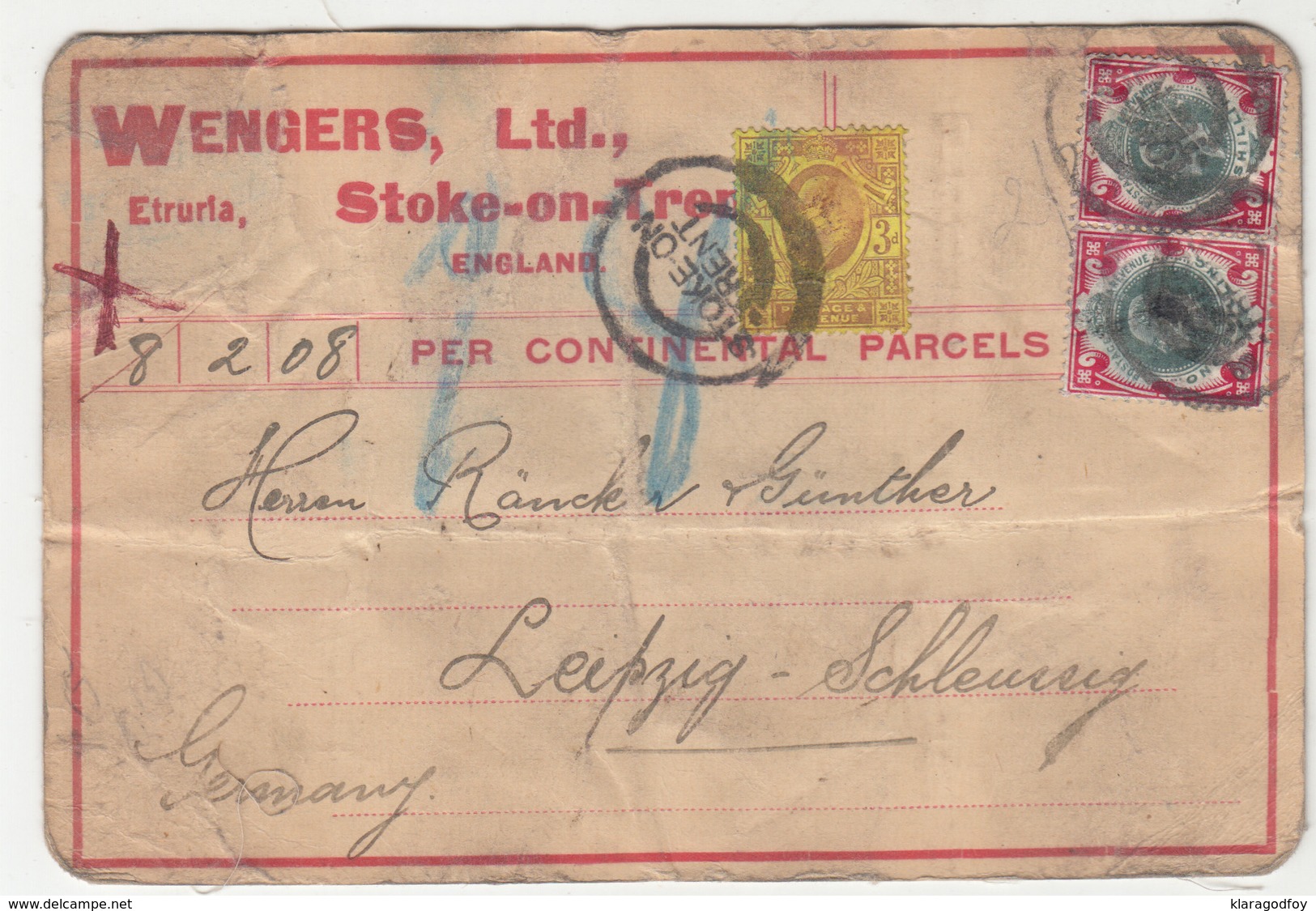 Wengers, Ltd. Etruria, Stoke-on-Trent Parcel Label 1908? To Germany B190701 - Briefe U. Dokumente