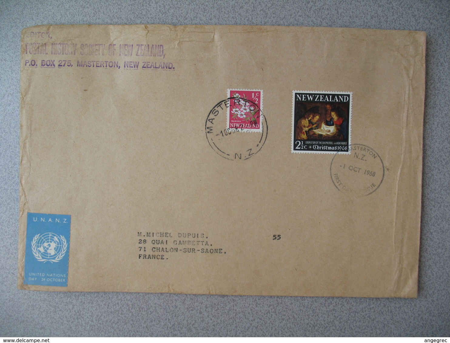 Nouvelle-Zélande Masterton 1968 Lettre Postal History  pour France - New Zealand Cover Fleur Nativité Nativity +Vignette - Brieven En Documenten