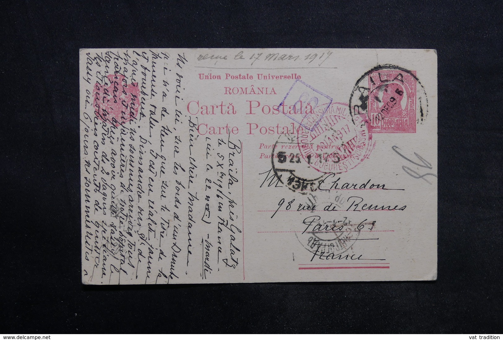 ROUMANIE - Entier Postal De Braïla Pour Paris En 1917, Cachet De Censure Militaire En Rouge , à Voir - L 34012 - Ganzsachen