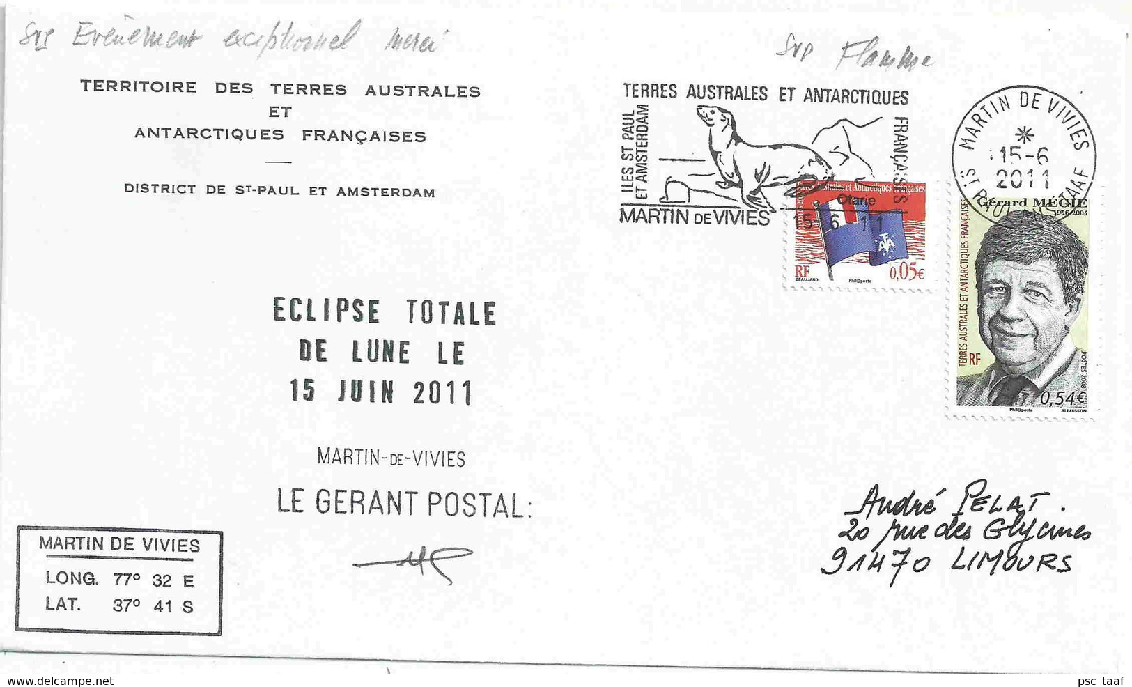 YT 513 Gérard Mégie - Eclipse De Lune - Gérant Postal De Martin De Viviès - St Paul Amsterdam - 15/06/2011 - Lettres & Documents