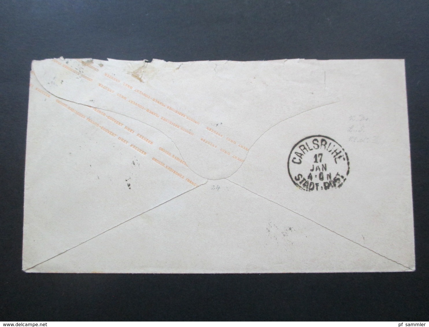 AD Baden Ganzsachen Umschlag U12 Rückseitig Stempel K1 Carlsruhe Stadt - Post - Enteros Postales