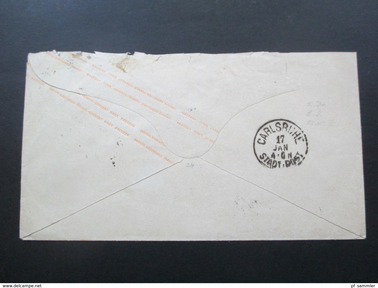 AD Baden Ganzsachen Umschlag U12 Rückseitig Stempel K1 Carlsruhe Stadt - Post - Postal  Stationery
