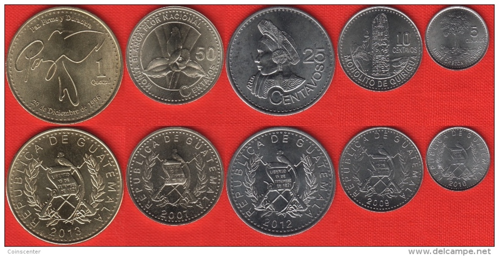 Guatemala Set Of 5 Coins: 5 Centavos - 1 Quetzal 2007-2013 UNC - Guatemala