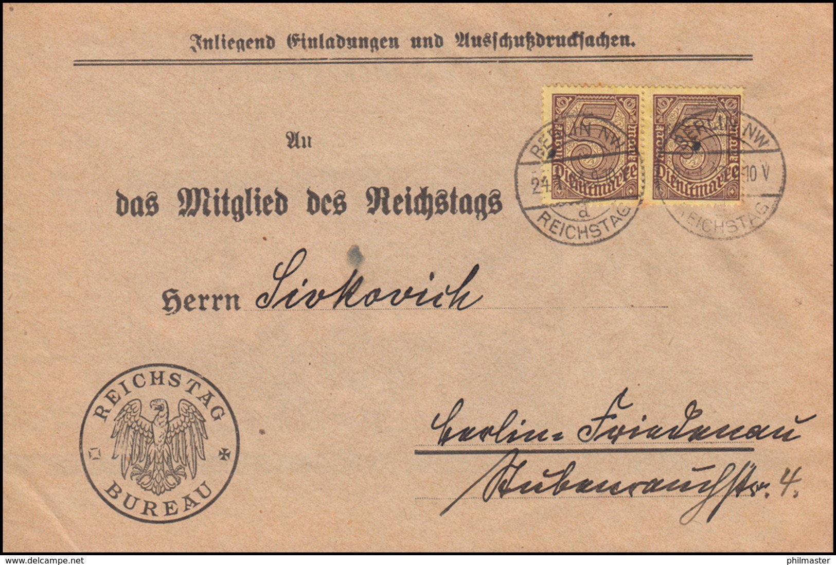 33 Dienstmarke Als MeF Auf Drucksache BERLIN REICHSTAG 24.1.1923 - Ohne Zuordnung