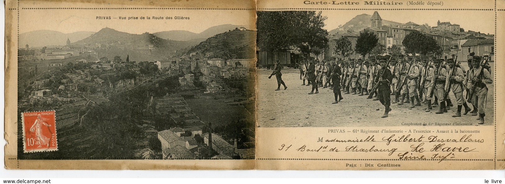 1377. CARTE LETTRE MILITAIRE 07 PRIVAS. VUE PRISE DE LA ROUTE DES OLLIERES ET 61è REGIMENT D'INFANTERIE 1911 - Privas