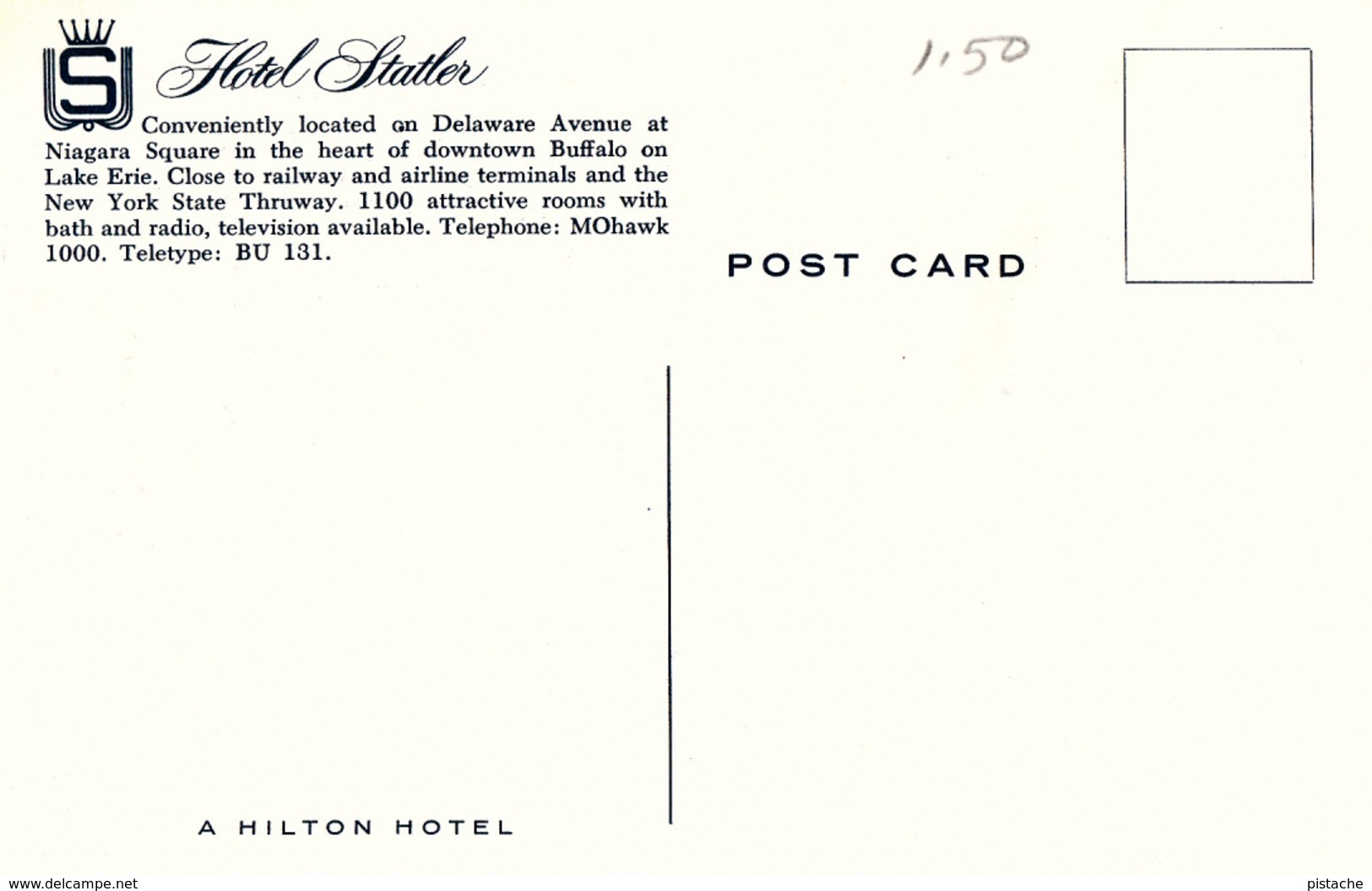 Buffalo New York N.Y. - Hotel Statler - Delaware Avenue At Niagara Square - A Hilton Hotel -  Unused - 2 Scans - Buffalo