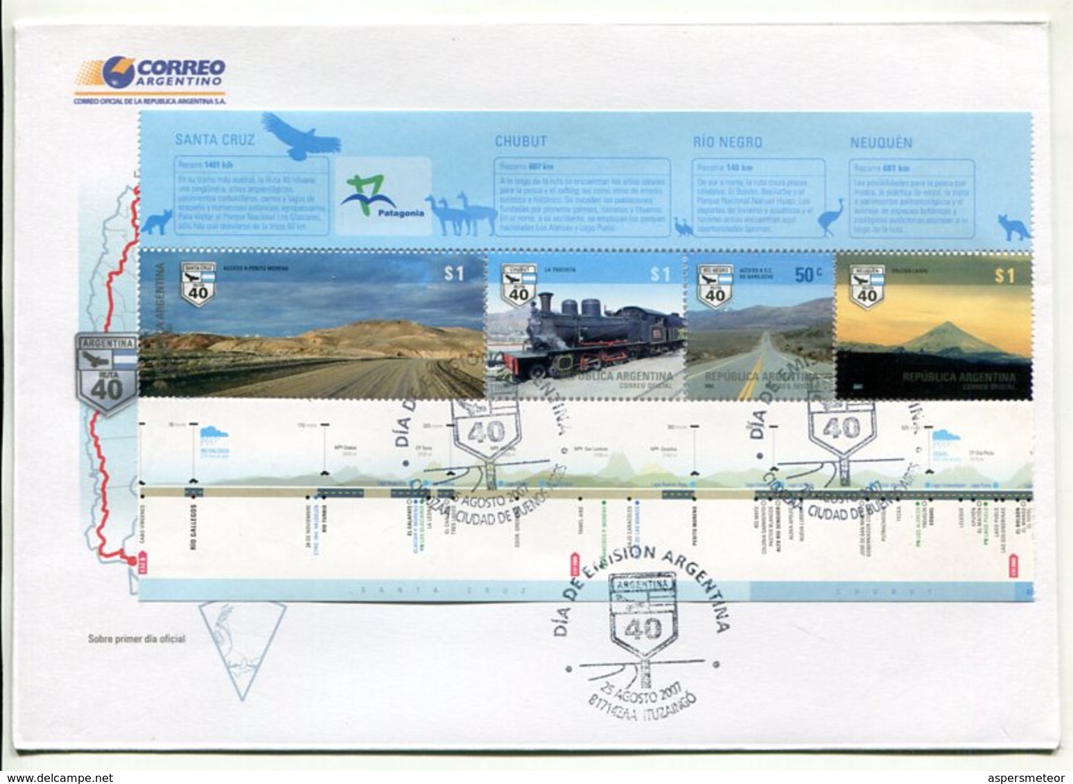 ARGENTINA - TURISMO, RUTA 40, SANTA CRUZ, CHUBUT, RIO NEGRO, NEUQUEN. AÑO 2007 SOBRE PRIMER DIA ENVELOPE FDC - LILHU - Otros & Sin Clasificación