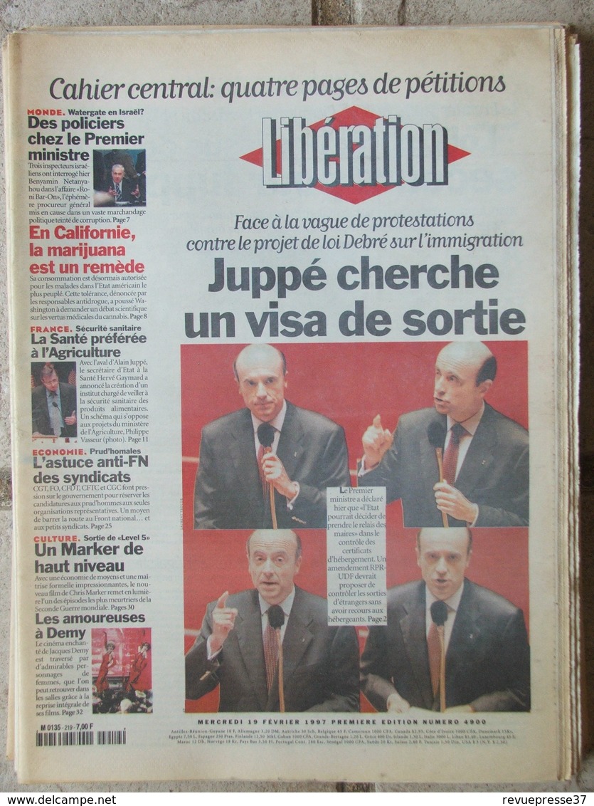 Journal Libération (19 Fév 1997) Watergate En Israël - Californie/marijuana - Loi Debré - Cinéma J Demy - J Cleese - 1950 - Nu