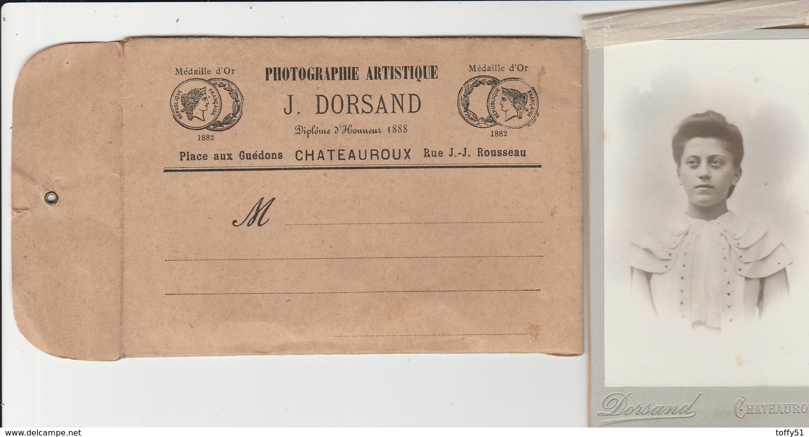 PHOTO PORTRAIT JEUNE FEMME (10.5x6 Cm) ENVELOPPE POCHETTE VIERGE "PHOTOGRAPHIE ARTISTIQUE" J.DORSAND CHATEAUROUX (36) - Autres & Non Classés