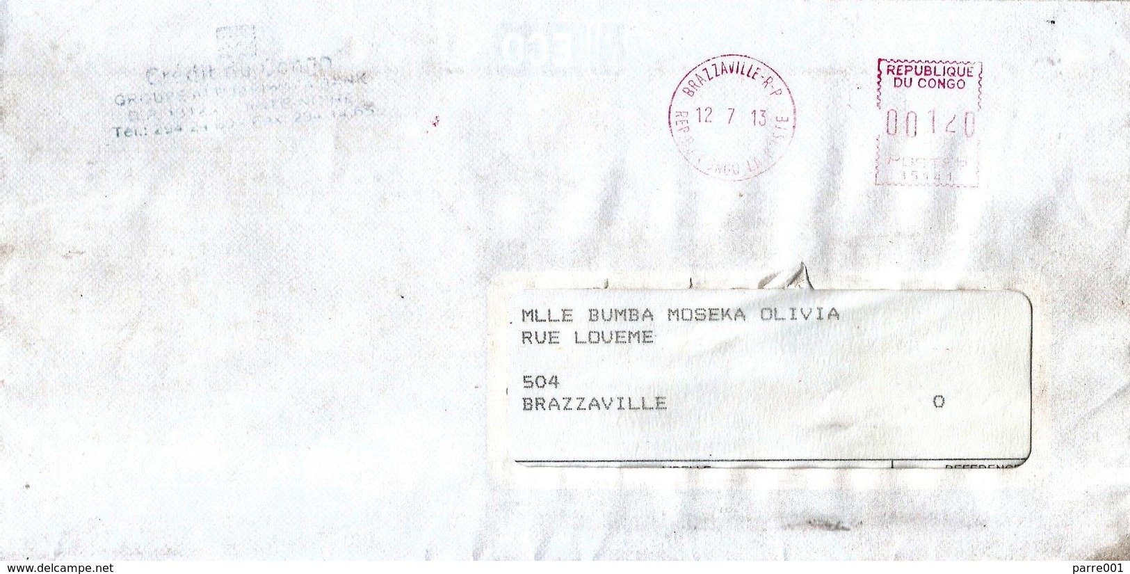 Congo 2013 Brazzaville RP Meter SECAP 35141 EMA Cover - Afgestempeld