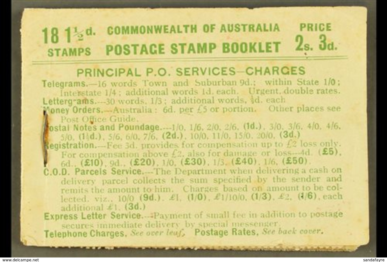 1927 PART BOOKLET 2s3d Green On Pale Green Booklet, SG SB20, If Complete, Should Contain 18 X 1½d Stamps (SG 96), Actual - Andere & Zonder Classificatie