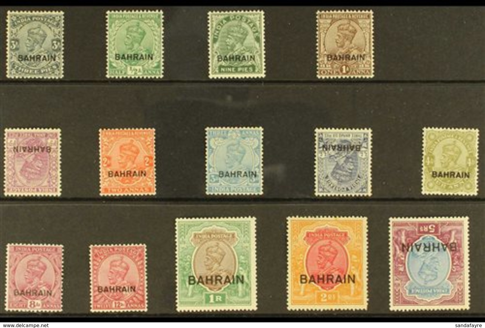 1930-37 KGV India Issues Opt'd "Bahrain" Set, SG 1/14w, 1a3p, 3a6p & 5r With Inverted Watermarks, Fine Mint (14 Stamps)  - Bahrein (...-1965)