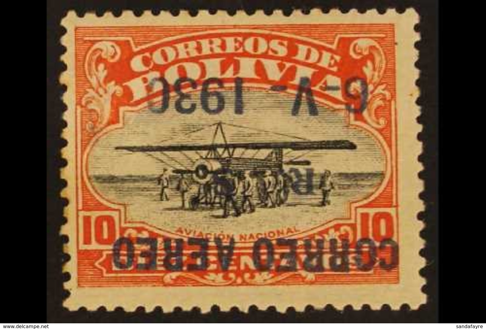 1930 10c Black And Orange- Red With AIR POST OVERPRINT INVERTED, SG 229 Variety (Sanabria 23a), Very Fine Mint. Only 100 - Bolivia
