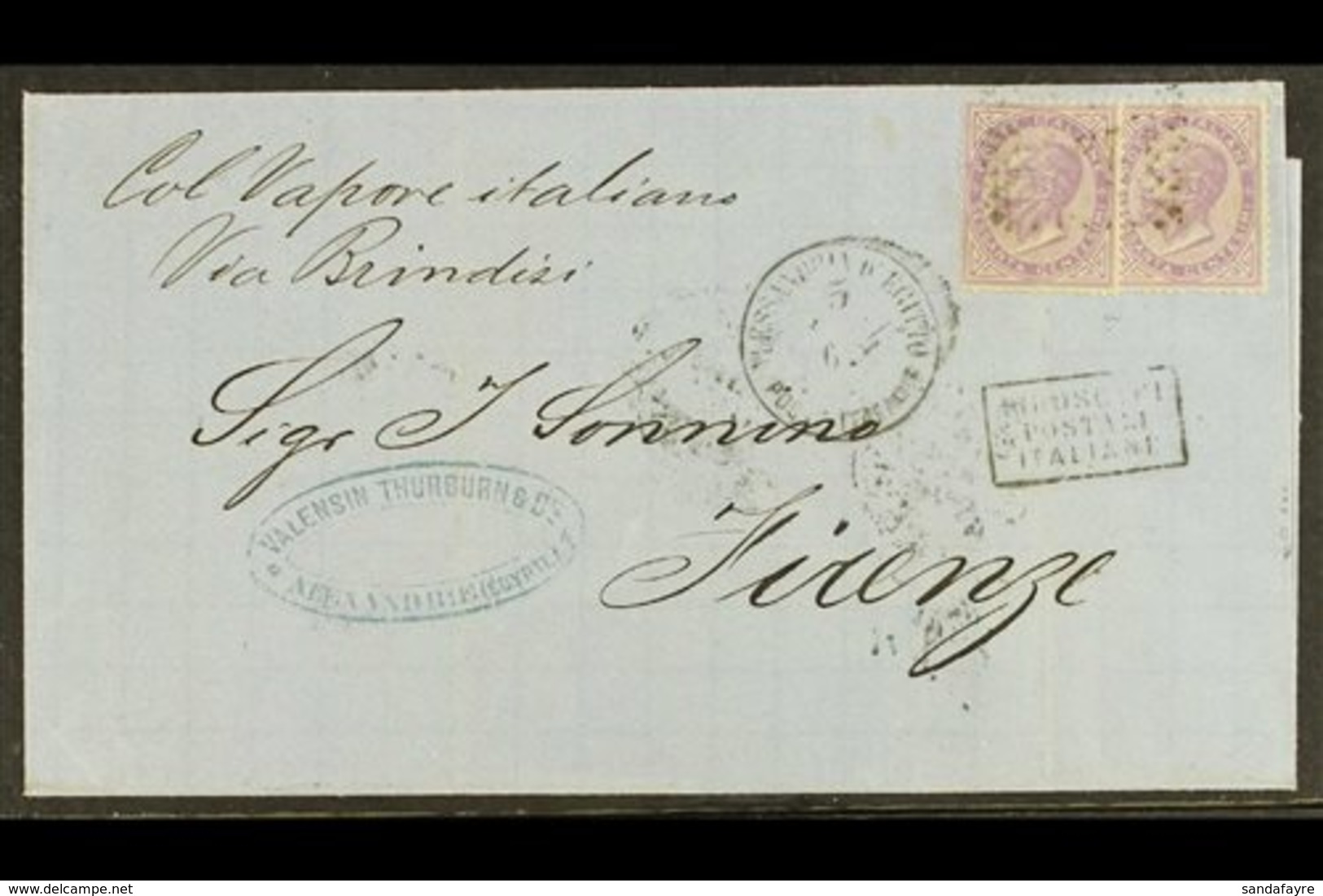 1867 (3 Dec) Cover Endorsed "Col Vapore Italiano / Via Brindisi" Sent From Alexandria To Firenze, Bears Two Italian 60c  - Andere & Zonder Classificatie