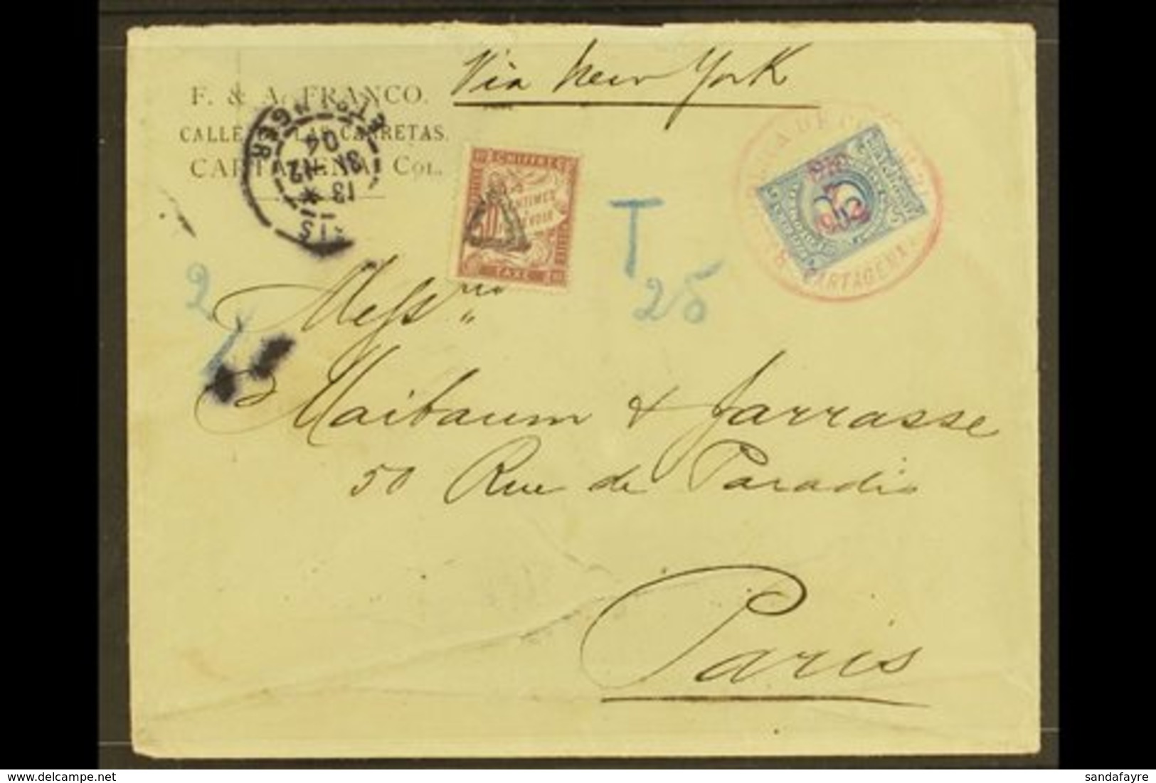 1904 POSTAGE DUE COVER (7th Dec) Incoming From Colombia, Franked 5c Blue, Tied By C.d.s. In Red, Taxed By French 50c Pos - Other & Unclassified