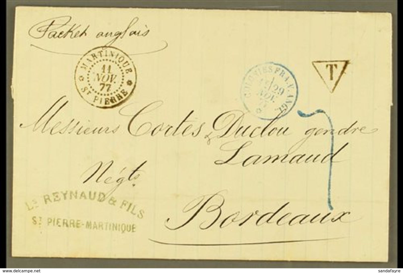 MARTINIQUE POSTAGE DUE 1877 Unfranked Letter From St Pierre To Bordeaux Via The British Packet With Fine Martinique St P - Andere & Zonder Classificatie