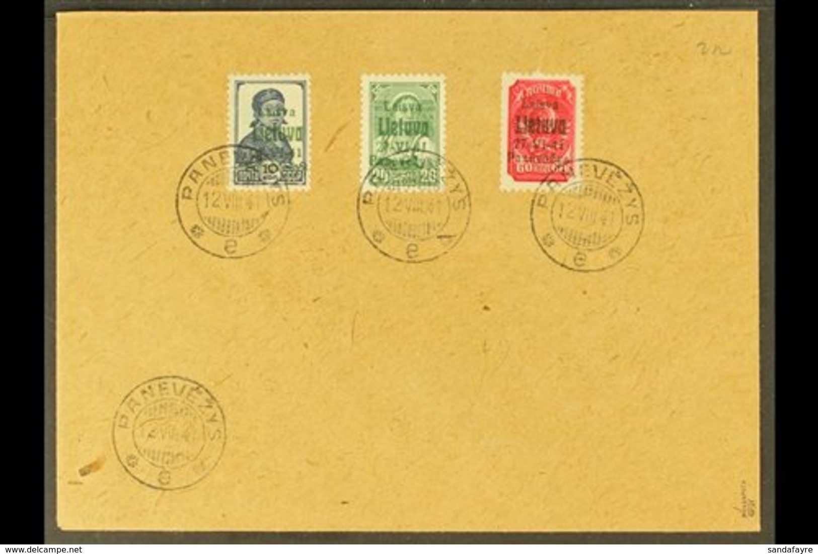 PANEVEZYS (PONEWESCH) 1941 July 10k Prussian Blue, 20k Yellow- Green With Green Overprint & 60k Lilac- Red (Michel 5, 7a - Other & Unclassified