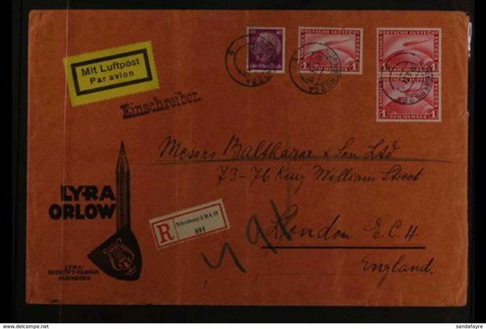 1934 (20 June) Registered Airmail Advert 'Lyra Orlow' Cover To London, Bearing 40pf Hindenburg And 1931 1m Air Zeppelin  - Otros & Sin Clasificación