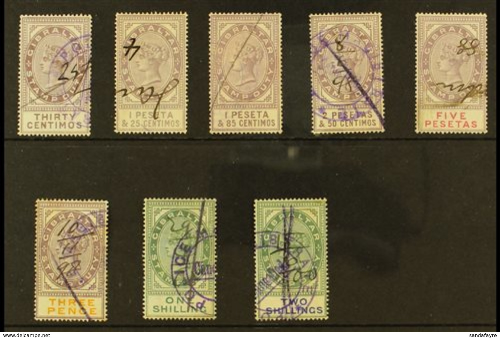 REVENUE STAMPS STAMP DUTY 1894 30c, 1p25, 1p85, 2p50 And 5p (Barefoot 1/2 & 4/6); Plus 1898 3d, 1s And 2s (Barefoot 10/1 - Gibraltar