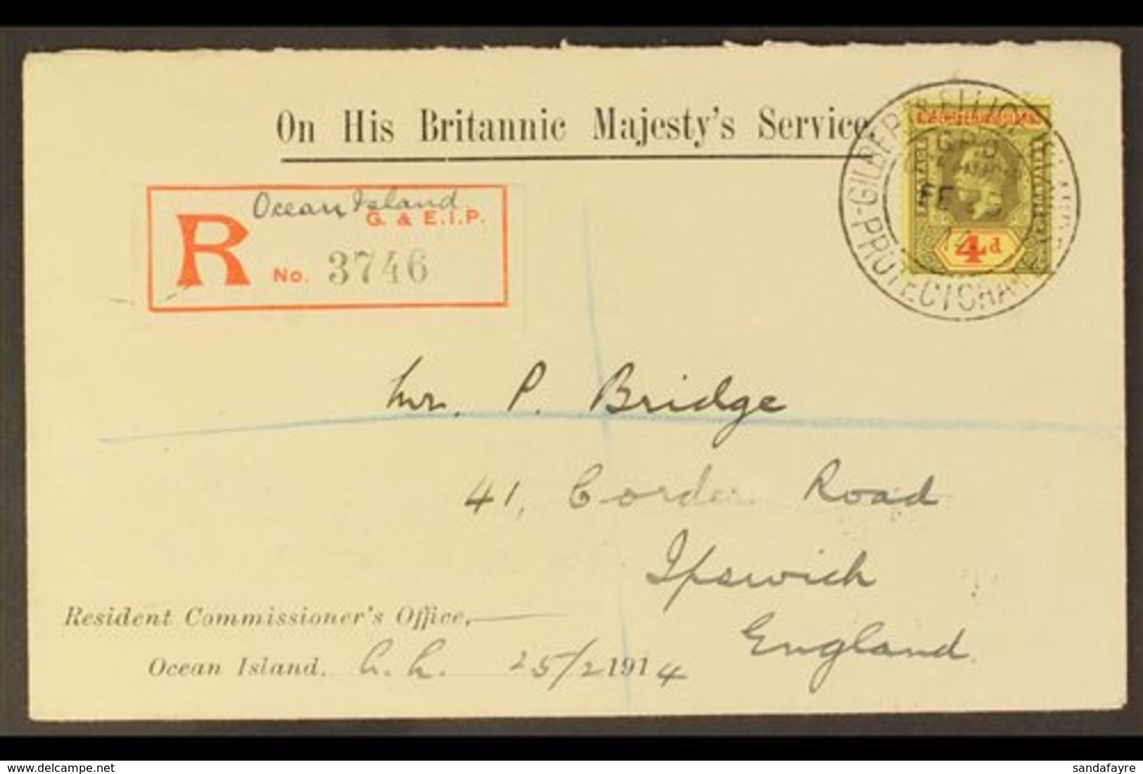 1914 (Feb) Superb OHMS Resident Commissioner's Office, Ocean Island Printed Envelope, Registered To England, Bearing A S - Gilbert- En Ellice-eilanden (...-1979)