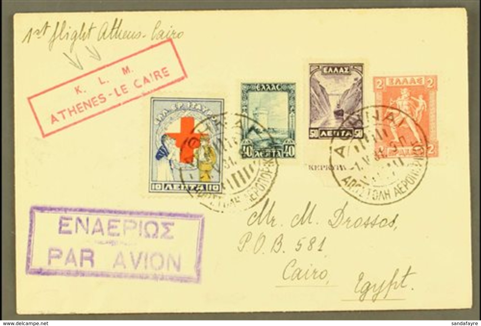 1931 FIRST FLIGHT COVER (May 1st) Athens To Cairo First Flight Cover, One Of Only 82 Covers Carried Bearing KLM Cachet.  - Other & Unclassified