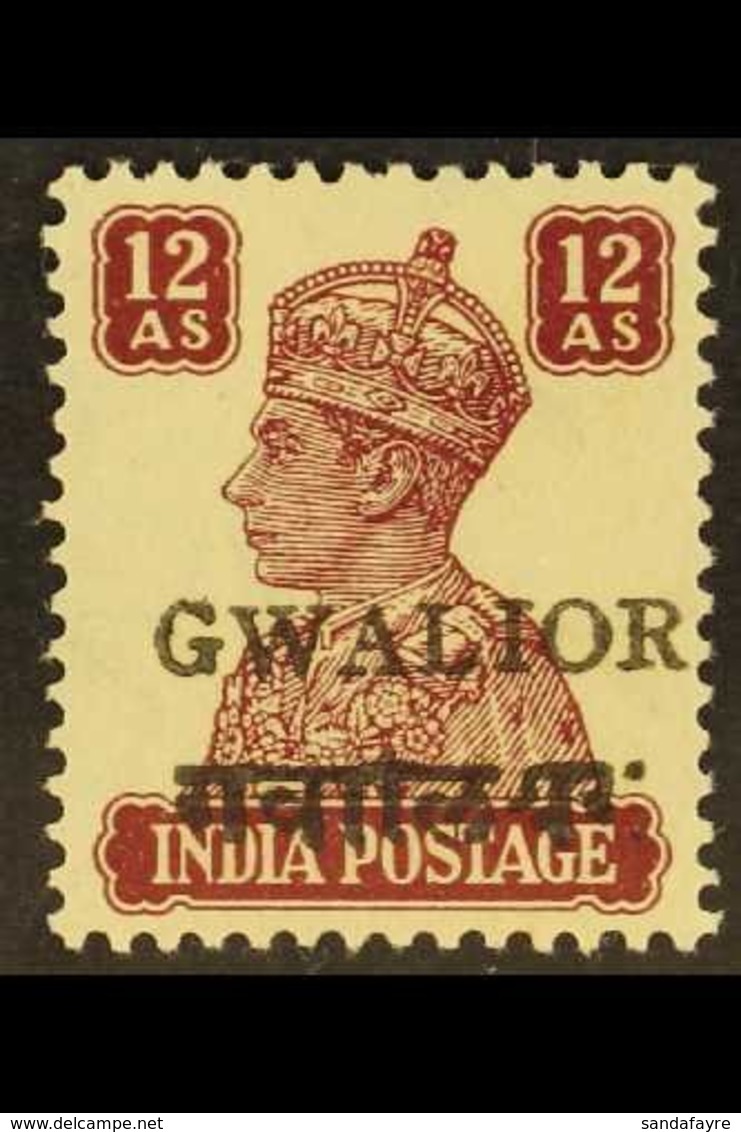 GWALIOR 1949 12a Lake, Alizah Printing Press (with Large Overprint), SG 137, Very Fine Mint, A Key Stamp. For More Image - Altri & Non Classificati