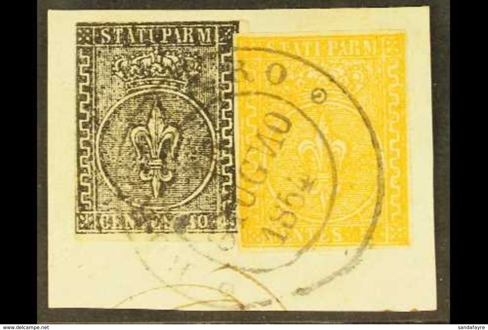 PARMA 1852 10c Black On White And 1853 5c Yellow Orange, Sass 2+6, Very Fine Used Together On Piece With Complete Borgot - Zonder Classificatie